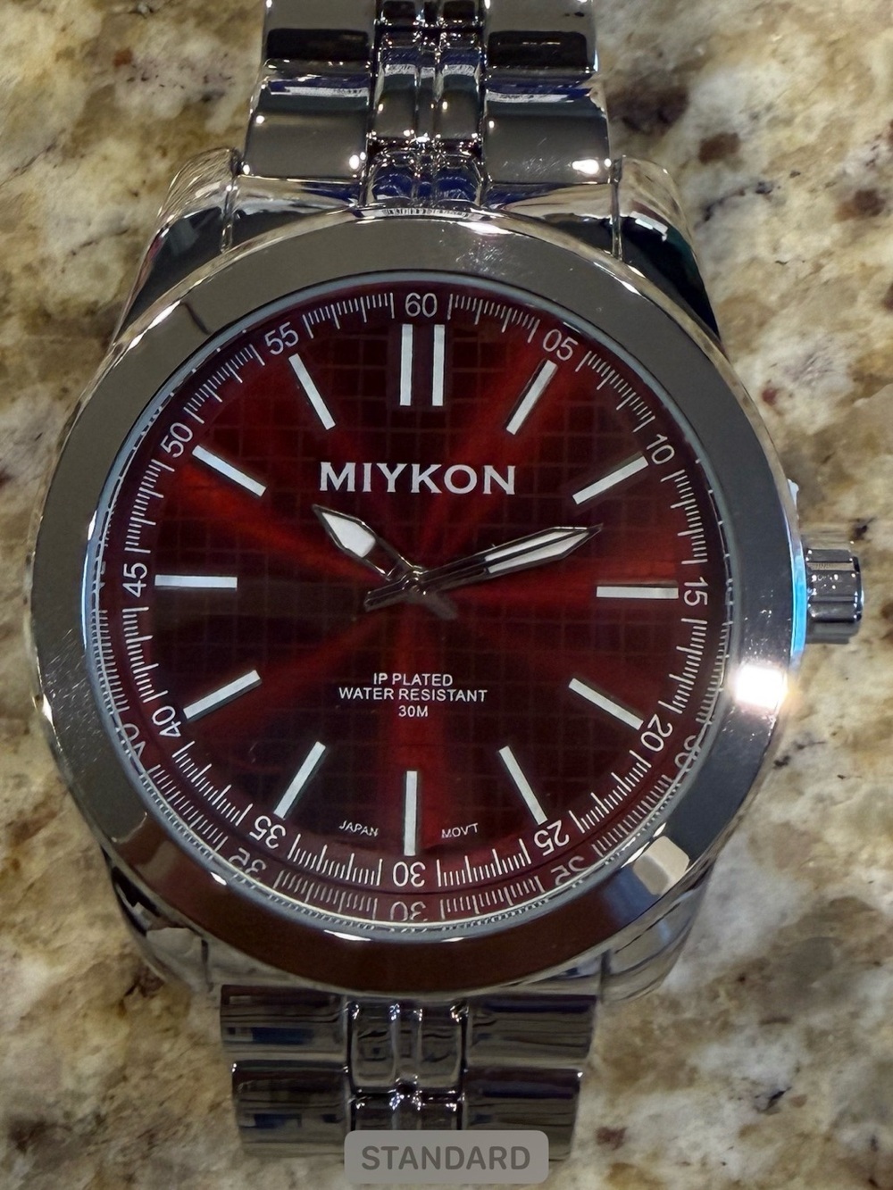 Miykon Men's Silver Stainless Steel Quartz Watch - Water-Resistant, Red Dial